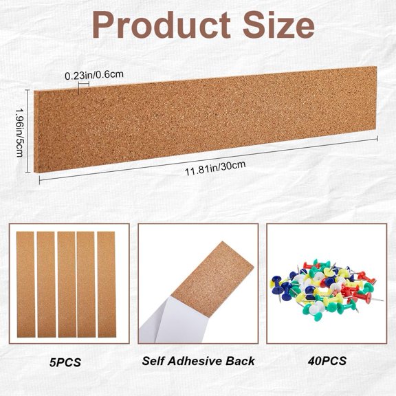 1set 5pcs Cork Board Bar Strips Self-Adhesive Felt Bulletin Board Sticky Notes Rectangle with 40pcs Iron Map Pins for Memo Notepads Photos Notes Classroom Home Office Schedules Wall Decor