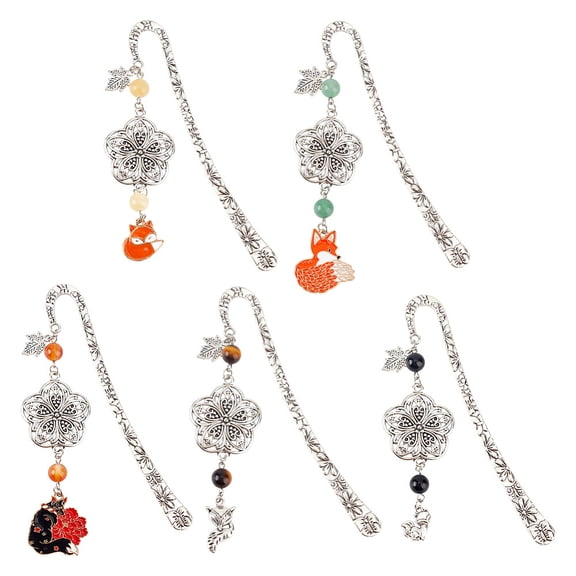 1set 5pcs Metal Bookmarks 5 styles Beading Flower Bookmarks with Fox and Stone Vintage Dangle Bookmarks Reading Accessory for Teacher Readers Book Lovers Office Present