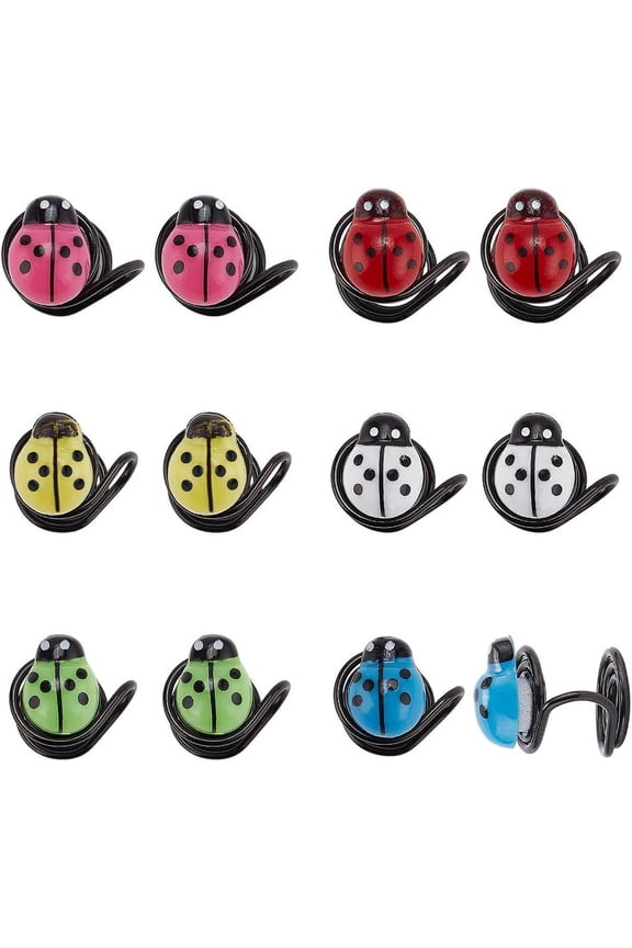 1set 6 Pair 6 color Plastic Ladybug Cuff Earrings 304 Stainless Steel Jewelry for Women Mixed color 12x10x12.5mm 1 Pair/color