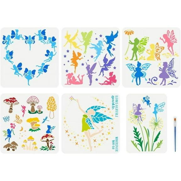 1set 6 Pcs Fairy Elf Drawing Stencil with A Paint Brush 2 Size Dream Angels Painting Template Fairy with Dandelion Star Moon Mushroom Stencil for Painting on Wood Wall Fabric Furniture