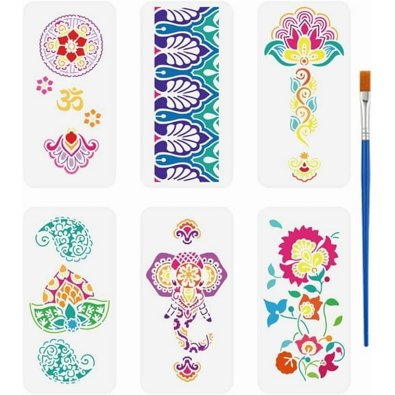 1set 6 pcs Indian Pattern Stencil with a Paint Brush 11.8x5.9inch India God Stencil Indian Floral Painting Stencil Indian Flower Theme Drawing Stencil for Wall Tiles Floor Paper Furniture