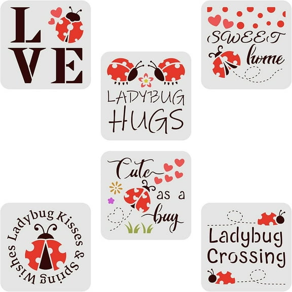 1set 6 pcs Ladybug Stencils for Painting 5.9x5.9inch Reusable Ladybug with Funny Quotes Drawing Template Spring Theme Stencils for Painting on Wall Wood Fabric Furniture and Paper