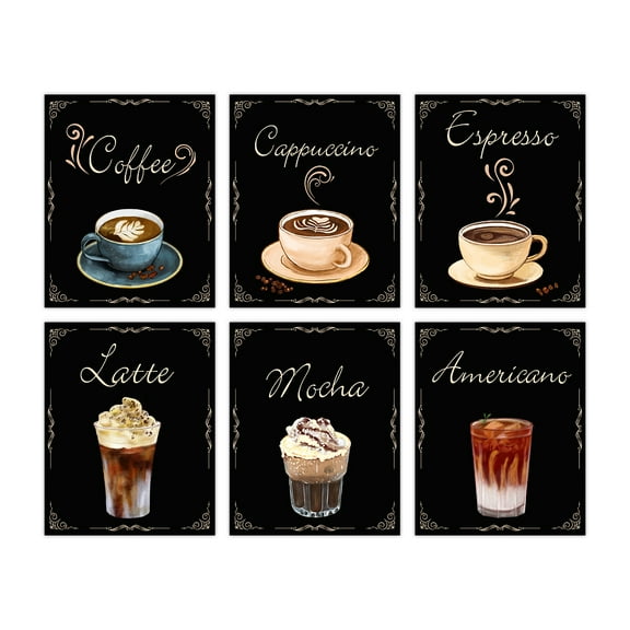 1set 6 pcs Retro Coffee Canvas Prints Wall Art Pictures Coffee Bar Wall Decor Coffee Sign Kitchen Canvas Wall Art for Modern Home Dining Room Decorative Bakery Cafe Restaurant Wall Decor