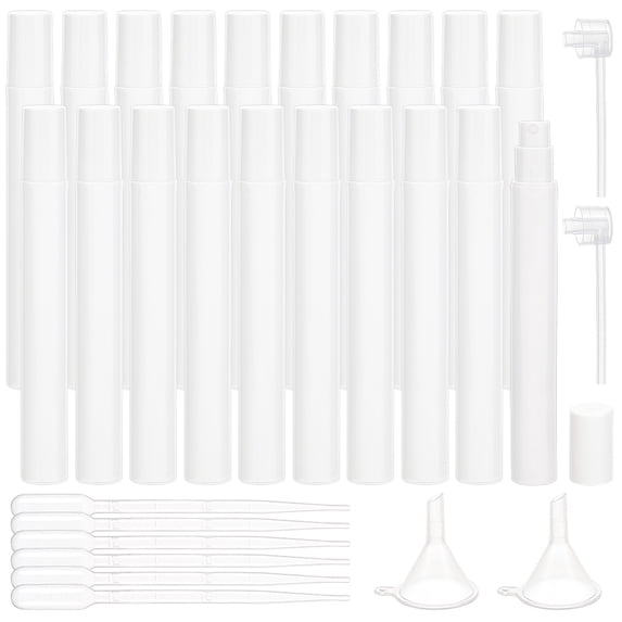 1set 60 pcs 5ml Mini Spray Bottles Plastic Travel Spray Bottles White Perfume Refillable Bottles Portable Fine Mist Spray Bottles with 2 pcs Funnel Hoppers 6 pcs Droppers 2 pcs Pumps