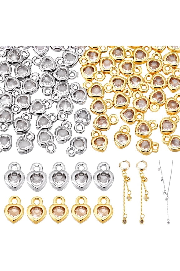 1set 60pcs 2 colors Brass Micro Pave Cubic Zirconia Long-Lasting Lead Free & Cadmium Free Heart & Golden 7x5x2mm Hole: 1.4mm 30pcs/color