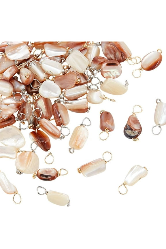 1set 60pcs 2 colors Natural Seashell Nuggets Charms with Copper Wire Loops Platinum & Golden 7.5~11x6.5~8.5x3.5~7mm Hole: 1.5~3.5mm 30pcs/color