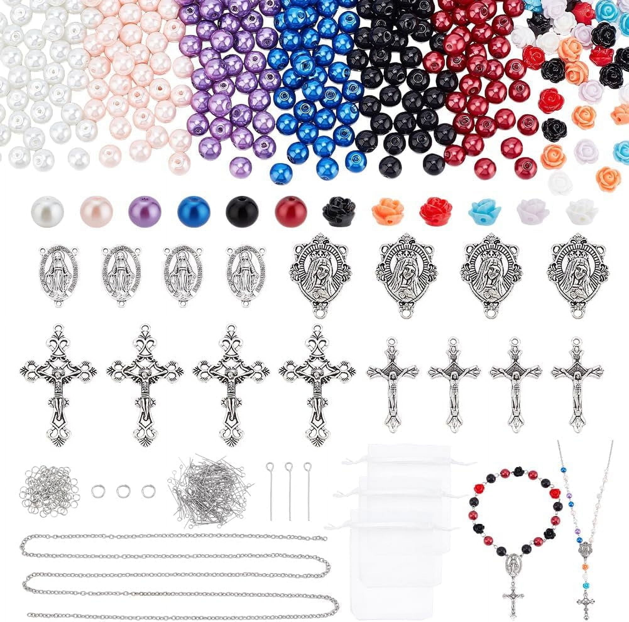 1set 647pcs Rosary Jewelry Making Kit Prayer Making Supplies Necklace Set 8mm Glass Pearl Beads Cross Charms Rose Beads for Mubarak Ramadan Jewelry Making Bracelet Earring