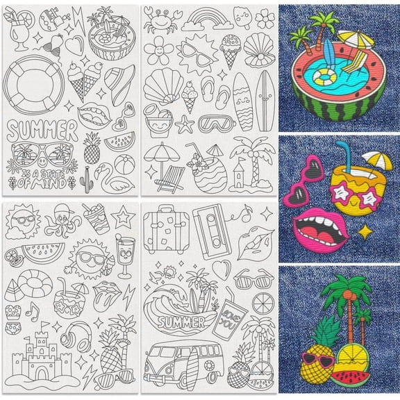 1set 68Pcs Summer Fashion Water Soluble Hand Sewing Stabilizers 8.3"x11.7" Seaside Beach Embroidery Pattern Stabilizer 4 Sheets Vacation Stick and Stitch Embroidery Paper Sticker colorful DIY