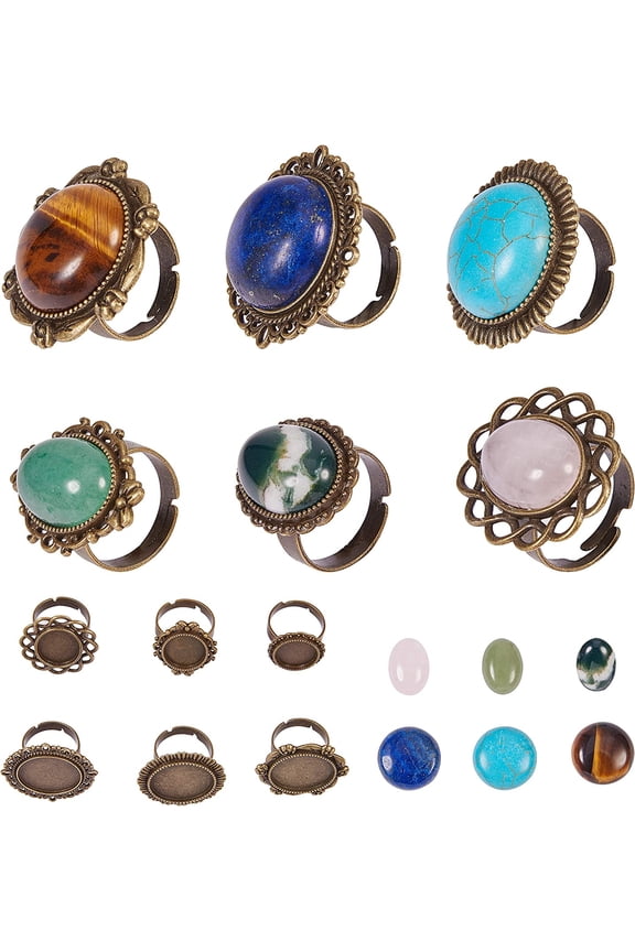 1set 6Pcs 6 Styles Bronze Adjustable Blank Flower Cabochon Ring Settings with 6pcs Round Oval 20mm/13x18mm Gemstone Cabochons for DIY Ring Making