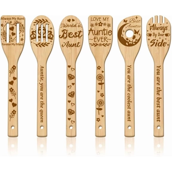 1set 6Pcs Aunt Auntie Wooden Spoons Utensil Set Bamboo Carving Kitchen Cooking Utensils for Women and Men Wooden Engraved Cooking Spatula Set for Kitchen Fun House Warming Gift Brown