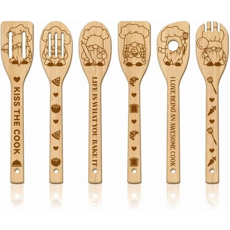 1set 6Pcs Cooking Gnome Wooden Spoons Utensil Set Pot Spatula Bamboo Kitchen Cooking Utensils Bread Vegetables Cooking Spatula for Women and Men for Kitchen Fun House Warming Gift Brown