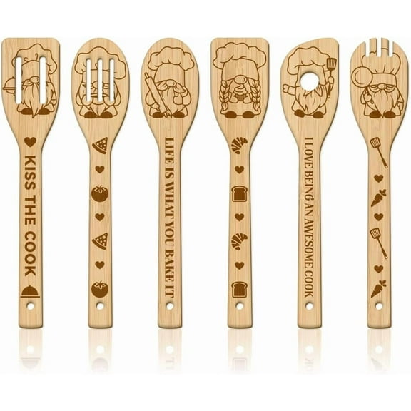 1set 6Pcs Cooking Gnome Wooden Spoons Utensil Set Pot Spatula Bamboo Kitchen Cooking Utensils Bread Vegetables Cooking Spatula for Women and Men for Kitchen Fun House Warming Gift Brown