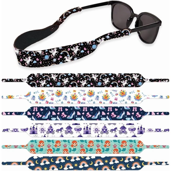 1set 6Pcs Floating Sunglass Straps Lightweight Neoprene Glasses Holder Straps with 6 Different Rainbow Unicorn Castle Pattern Colorful Printed Eyewear Retainer Colorful