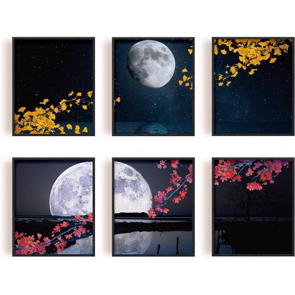 1set 6Pcs Moonlight on The Lake Unframed Canvas Prints Wall Decor Maple Leaf Water Surface Pictures Canvas Wall Art Prints Natural Scenery Canvas Wall Unframed for Home Decor Colorful