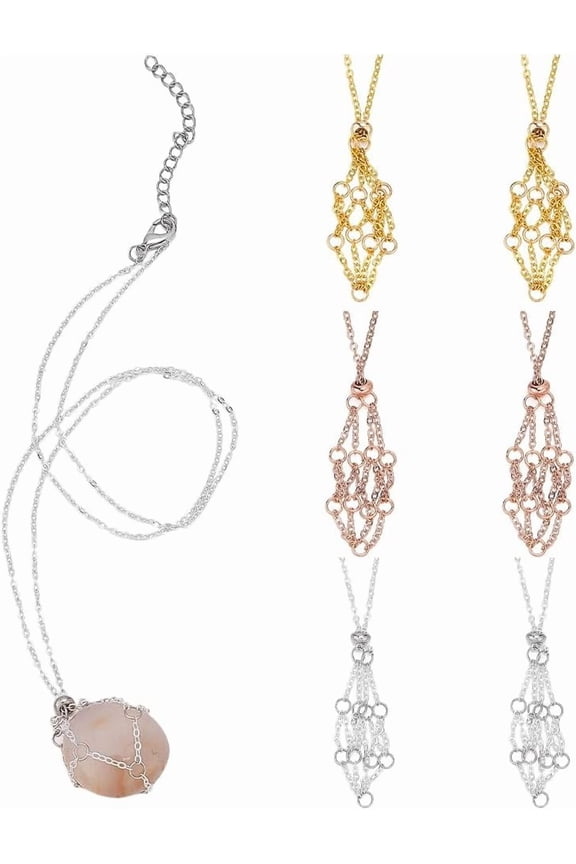 1set 6pcs 3 colors Brass Chains Macrame Pouch Necklaces Mixed color 11.81 inch(30cm) 2pcs/color