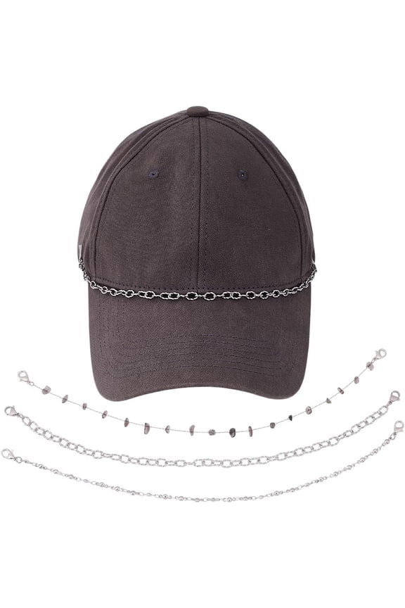 1set 6pcs 3 styles 304 Stainless Steel Chain Baseball Cap Chain with Smoky Quartz Chips and Lobster Claw Clasps Stainless Steel color 280~280mm 2pcs/style