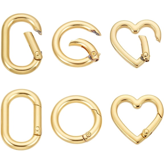1set 6pcs 3 styles Brass Spring Gate Rings Round & Heart & Oval Golden 24~31x20~25.5x3.5~4.2mm 2pcs/style