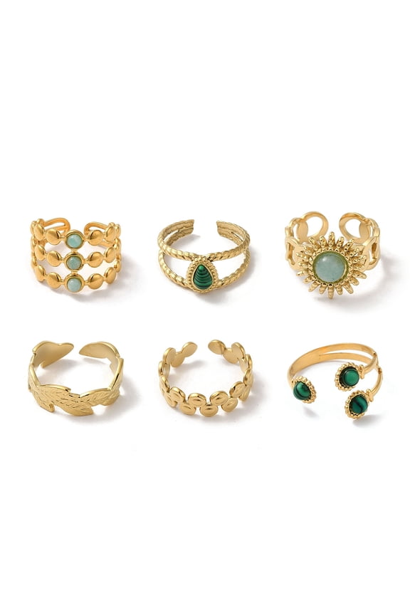 1set 6pcs 6 style Leaf & Sun & Teardrop 304 Stainless Steel Open Cuff Rings set Malachite & Amazonite Stackable Rings golden Inner Diameter: 16.7~18.2mm 1pc/style