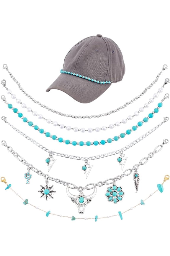 1set 6pcs 6 styles Plastic Pearl & Turquoise Beads Baseball Cap Chain sets with 304 Stainless Steel Lobster Claw Clasps Mixed color 250~260mm 1pc/style