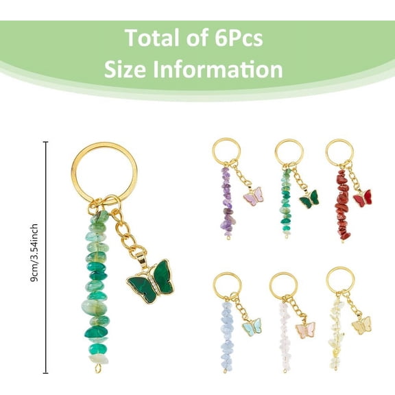 1set 6pcs 6 styles Resin Keychains with Brass Micro Pave Cubic Zirconia Findings Beads and Iron Split Key Rings Butterfly 9cm 1pc/style
