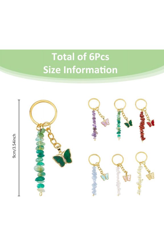 1set 6pcs 6 styles Resin Keychains with Brass Micro Pave Cubic Zirconia Findings Beads and Iron Split Key Rings Butterfly 9cm 1pc/style