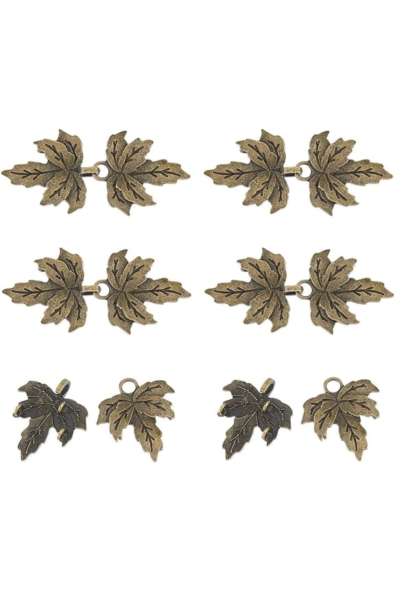 1set 6pcs Alloy Hook Buttons Shawls and Capes Buckle for Garment Accessories Leaf Antique Bronze 66x31x1~7mm