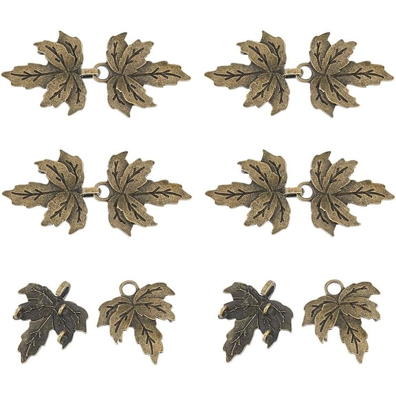 1set 6pcs Alloy Hook Buttons Shawls and Capes Buckle for Garment Accessories Leaf Antique Bronze 66x31x1~7mm