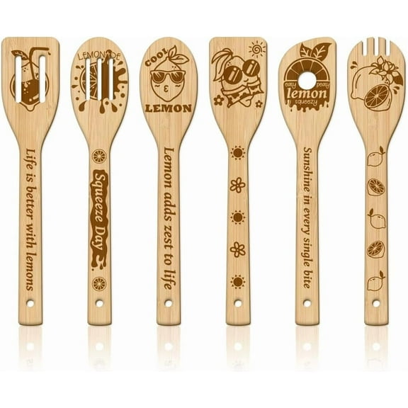 1set 6pcs Bamboo Spoons & Knifes & Forks Flatware for Dessert Lemon 60x300mm 6 style 1pc/style 6pcs/set