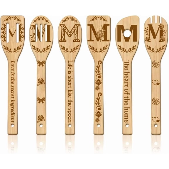 1set 6pcs Bamboo Spoons & Knifes & Forks Flatware for Dessert Letter M 60x300mm 6 style 1pc/style 6pcs/set