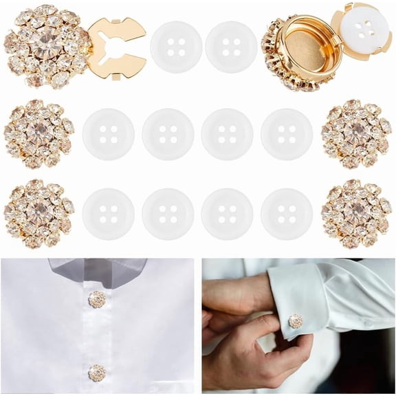 1set 6pcs Brass & Acrylic Rhinestone Cufflinks Clothing Accessories 1-Hole Flat Round with 10pcs 4-Hole Resin Sewing Buttons Golden 21x13.5mm Hole: 10x5mm