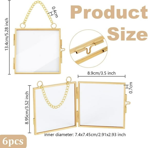 1set 6pcs Hanging Pressed Flower Alloy Photo Frames Double Glass Floating Frames with Chain for Artwork Display Gallery Wall Decor Square Golden 134mm Frame: 79.5x79x7mm Inner Size: 74x74.5mm