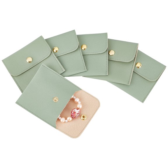 1set 6pcs PU Imitation Leather Jewelry Storage Bags with Golden Tone Snap Buttons Square Dark Sea Green 7.9x8x0.75cm