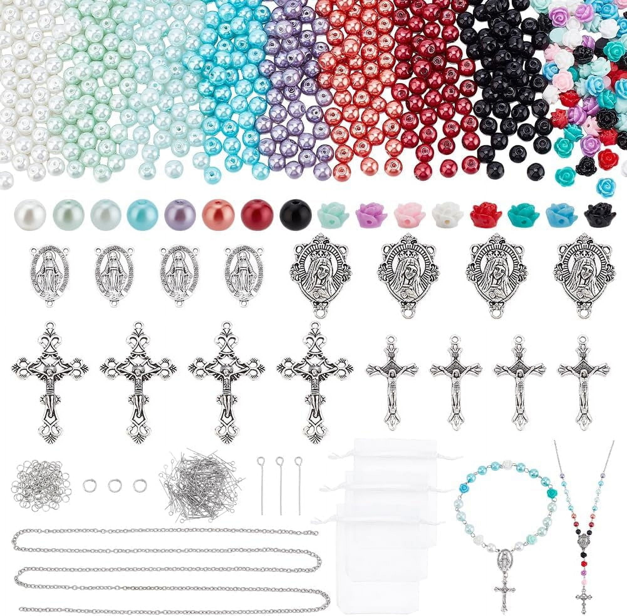 1set 767pcs Rosary Jewelry Making Kit Prayer Necklace Supplies 8mm Round Pearl Beads Cross Charms Pendants Flower Rose Beads for Rosary Bracelet Necklace Earring Easter Ramadan Jewelry Making