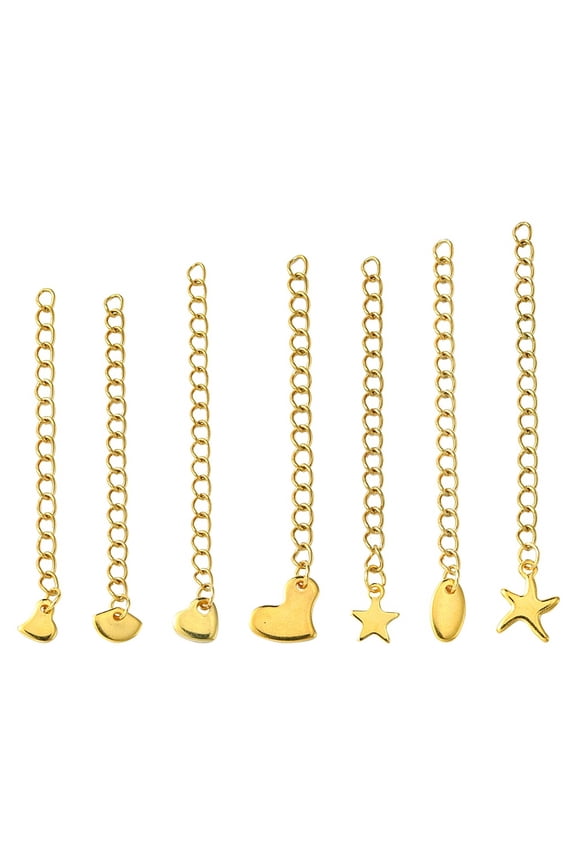 1set 7pcs 7 styles 304 Stainless Steel Chain Extender Curb Chain with Mixed Shapes Golden 57~71mm 1pc/style