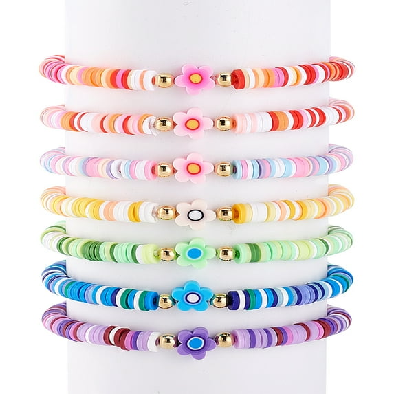 1set 7pcs Handmade Polymer Clay Heishi Beads Stretch Bracelet set for Women Flower Mixed color Inner Diameter: 3-1/8 inch(7.9cm)