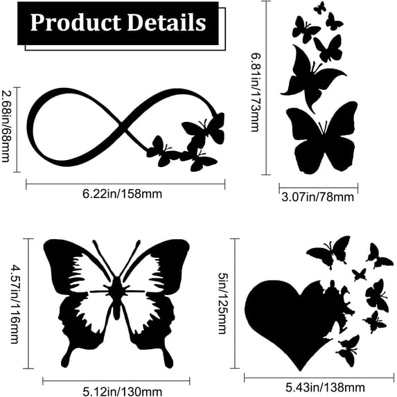 1set 8 Sheets 4 style Infinity Heart & Butterfly Laser style Plastic Adhesive Car Stickers Waterproof Window Decals for Car Wall Decoration Black 125~173x78~136x0.1mm 2 Sheets/style