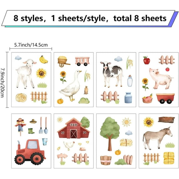 1set 8 Sheets 8 styles PVC Waterproof Wall Stickers Self-Adhesive Decals for Window or Stairway Home Decoration Rectangle Farm Animal 200x145mm about 1 sheets/style
