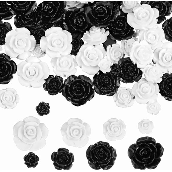 1set 80pcs 4 Sizes Resin Rose Cabochons Flower Cabochons Floral Flatback Cabochons Undrilled Resin Rose Bead Charms for Jewelry Making Hair Clip Crafts 22/18/14.5/9.5mm White Black