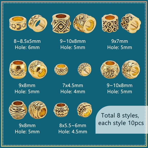 1set 80pcs 8 styles style Zinc Alloy European Beads Large Hole Beads Accessories Mixed Shapes Antique Golden 7~10x4.5~8mm Hole: 4~6mm 10pcs/style