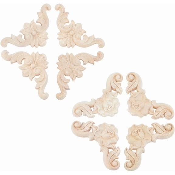1set 8PCS 2 Styles Decorative Wood Appliques Unpainted Home Furniture Applique Wooden Carved Flower Corner Onlays for Furniture Wall Wardrobe Fireplace Decoration White