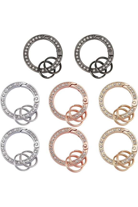 1set 8Pcs 4 Colors Rhinestone Spring O Rings Bling Round Carabiner Snap Keychain Hook Clip Diamond Buckle Platinum & Light Gold Gate Rings 1.32 inch for DIY Jewelry Handbag Bags Car Keyring