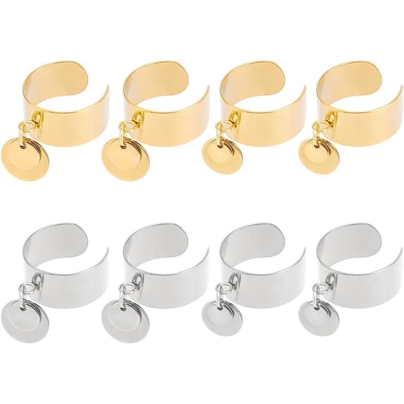 1set 8pcs 4 style 304 Stainless Steel Open Cuff Rings set with Stainless Steel Flat Round Blank Golden & Stainless Steel color Inner Diameter: 17~18mm 2pcs/style