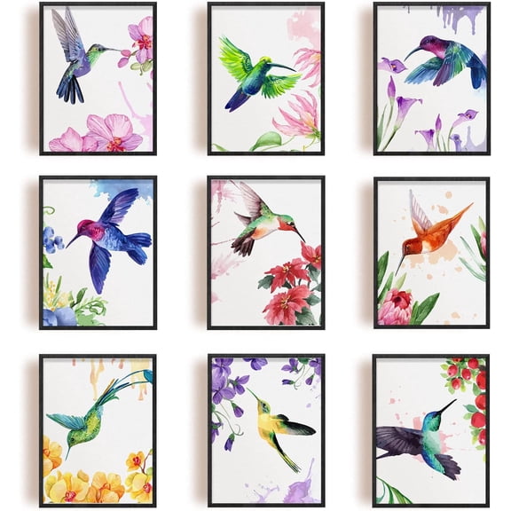 1set 9 PCS Hummingbirds Unframed Canvas Prints Watercolor Wall Art Print Birds with Flower Canvas Print Animals Artwork Abstract Painting Vintage Wall Decor for Bedroom Office Decoration