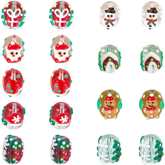 1set 9 styles Handmade Painted Enamel Lampwork Beads Hand Drawn Beads Christmas Theme Mixed Shapes 15.5~16x12~14x12~15mm Hole: 1.6~2mm 2pcs/style