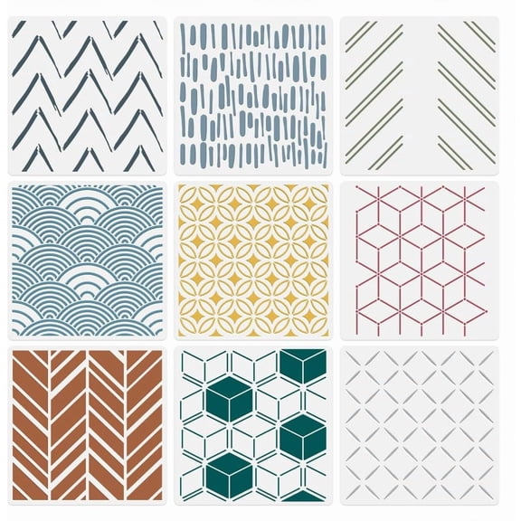 1set 9Pcs Modern Geometric Wall Stencil Templates 11.8 x 11.8 Inch Reusable Plastic Simple Style Stencils for Painting on Wood Wall Floor Tile Fabric Glass Furniture DIY Home Decor or Craft Stencil