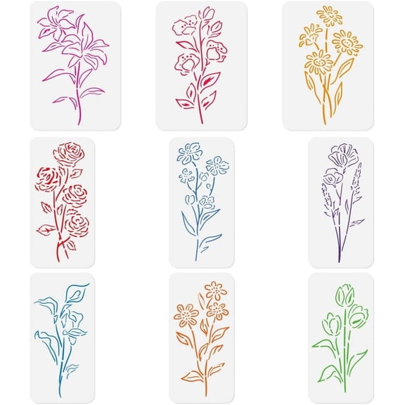 1set 9Pcs Wildflower Wall Stencil for Painting DIY Crafts Reusable Plastic Flower Stencil Template for Painting on Wood Wall Fence Fabric Canvas Furniture Colorful