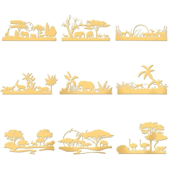 1set 9pcs 1.6x1.6 Inch Wild Animals Pattren Metal Stickers Jungle Self Adhesive Gold Stickers Elephant Giraffe Metal Gold Stickers for Scrapbooks DIY Resin Crafts Phone Water Bottle Decor