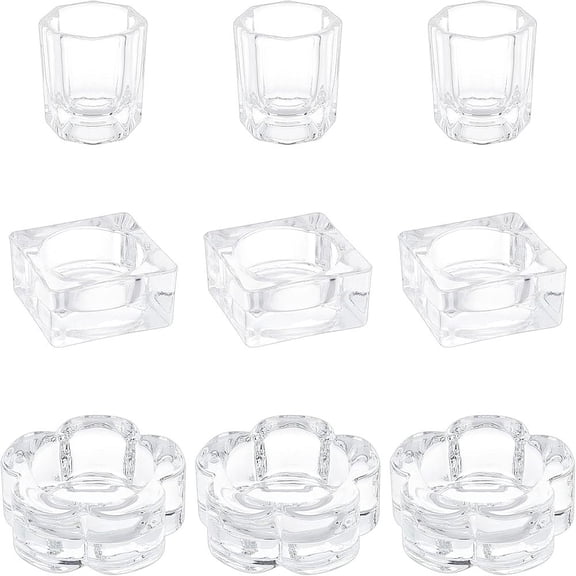 1set 9pcs 3 style Glass Dappen Dish/Lid Bowl Cup Dish Mini Bowl Liquid Holder Nail Art Manicure Accessories Container Flower & Square & Octagon Clear 3.2~6.25x3.2~6.3x2.05~3.25cm 3pcs/style