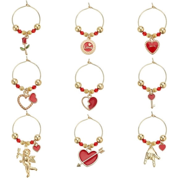 1set 9pcs 9 styles Valentine's Day Acrylic Wine Glass Charms with Alloy Enamel Charms Brass Wine Glass Charms Ring Mixed color 48~61mm 1pc/style