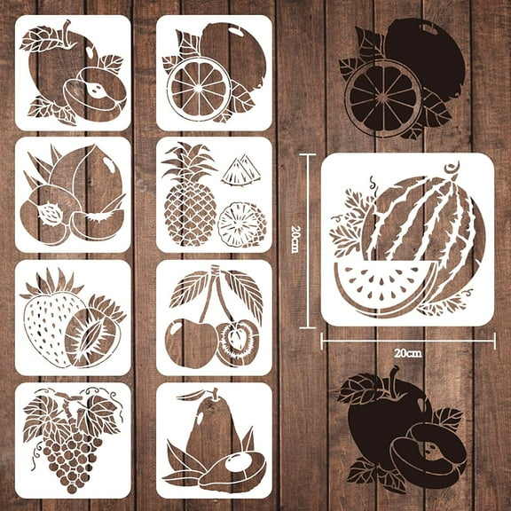 1set 9pcs Fruits Stencils 20x20cm Plastic Pineapple Lemon Watermelon Stencils Peach Pear Cherry Strawberry Grape Reusable Stencils for Painting on Wood Floor Wall and Tile